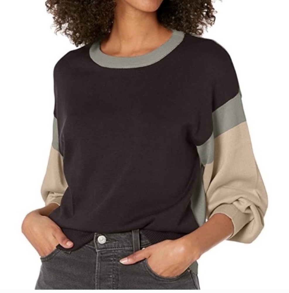 Monrow Color Block Oversized Sleeve Sweater Crew Neck Size Small